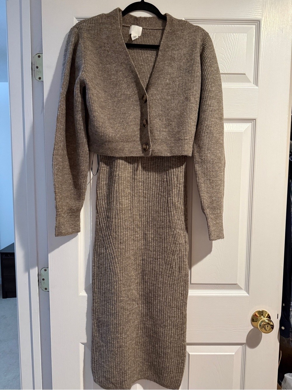 H&M Taupe Ribbed Knit Midi Dress with Matching Cardigan